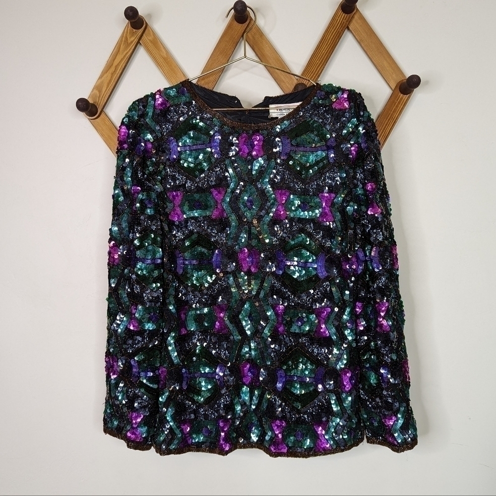 Vintage Talbot's Silk Sequin 80s Long Sleeve Blouse Sweater - Size Medium